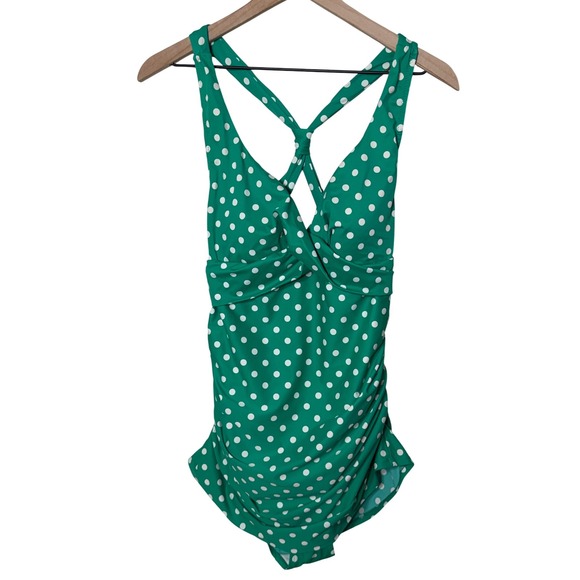 LL Bean Other - LL Bean Women's Green White Polka‎ Dot One Piece Swimsuit Size 14 UPF Vacation